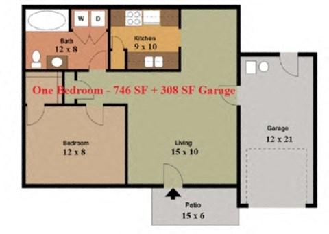 Floor plan for 1 bed, 1 bath, 746 sqft